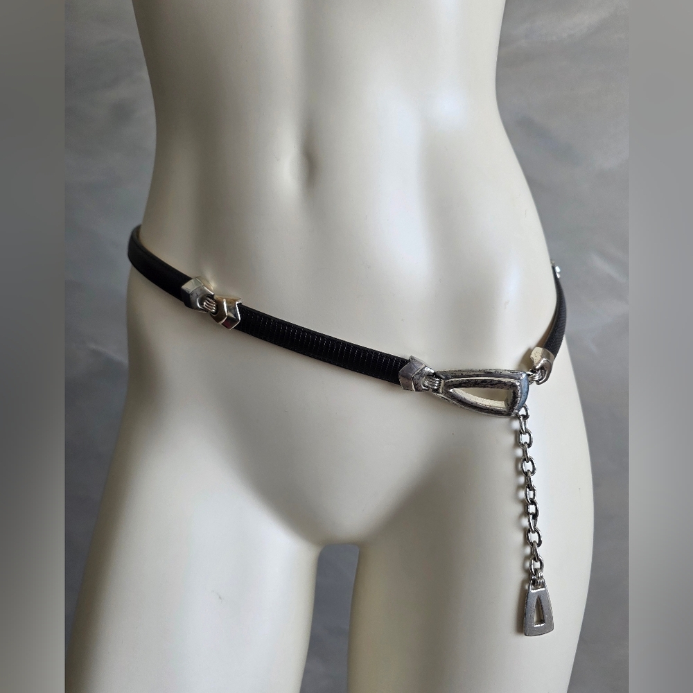 Brighton Black Embossed Leather Belt with Ornate Buckle Hanging Chain Sz M